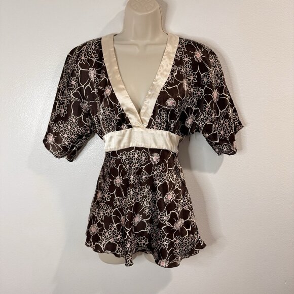 Vintage Y2K Rampage Shirt S Kimono Babydoll Asian Floral Satin Empire Waist - Picture 1 of 9